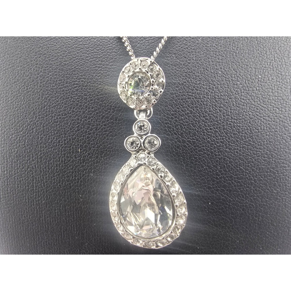 Givenchy Teardrop Pendant Necklace Silver Tone Crystal Pave 16-19 Inch